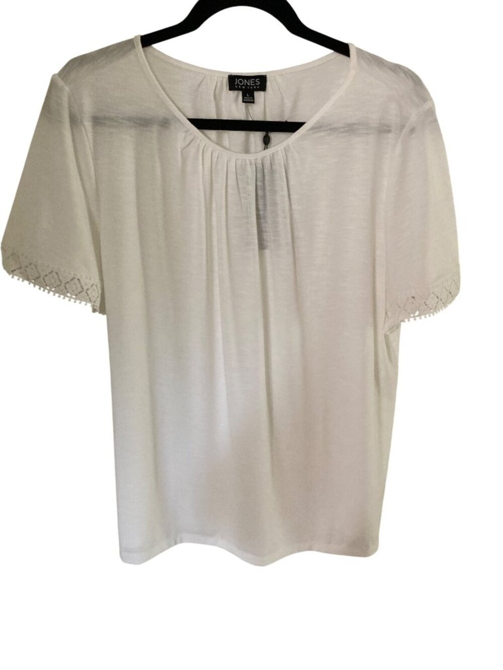 Jones New York White Blouse Round Neck Lace Sleeve  Large  NWT